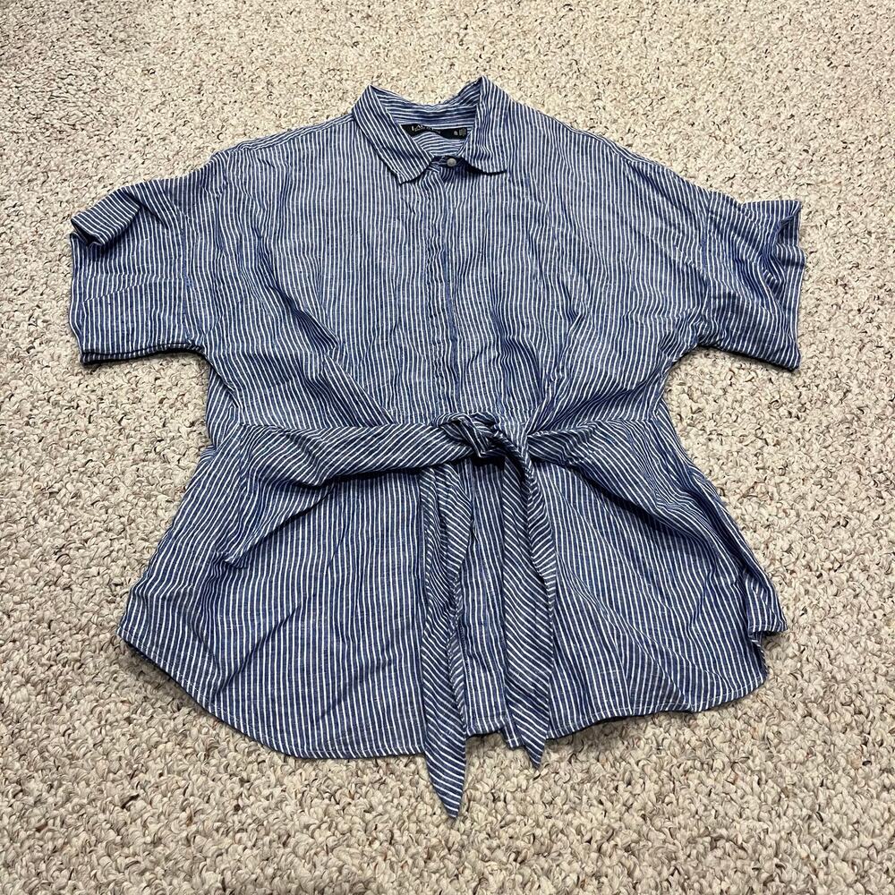 Lauren Ralph Lauren Striped Tie Front Linen Shirt XL Coastal Preppy Classic